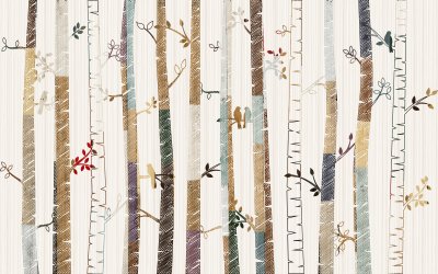 Sticker Een sprookjesachtige illustratie van een berkenbos voor kinderen.