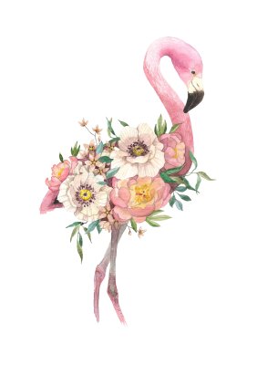 Sticker Watercolor bouquet with tropical bird, eucaliptus, peony and anemone, flamingo. High detailed hand drawing illustration
