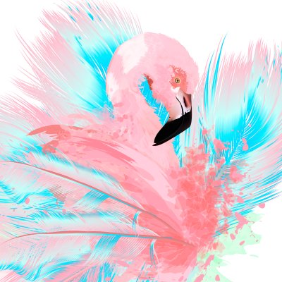 Sticker Beautiful vector illustration with drawn pink flamingo and blue feathers