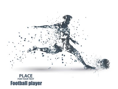 Sticker Football player, kick a ball, particle divergent composition, vector illustration