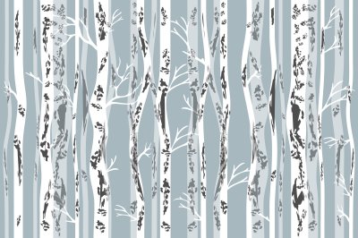 Sticker Birch grove in autumn. Seamless vector pattern with trees and birds. Retro textile collection.