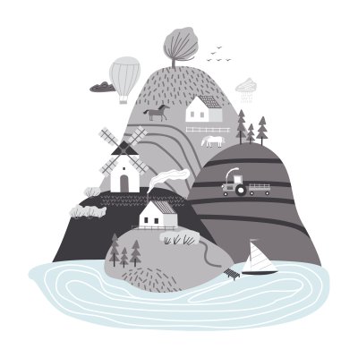Sticker Scandinavian landscape. Hand drawn vector abstract scandinavian graphic illustration with houses, trees and hills. Cute landscape.