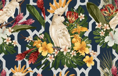 Behang Tropische bloemen en papegaaien