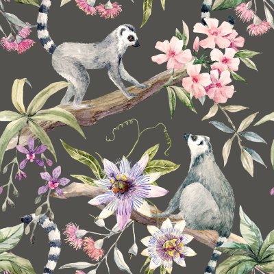 Behang Maki's en bloemen op een grijze achtergrond