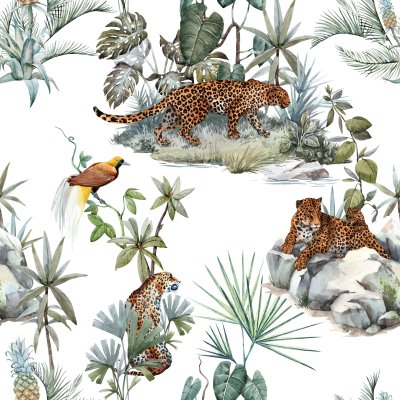 Sticker Watercolor tropical pattern with a leopard animal, a wild leopardle walking through the jungle, a leopard with a cub lying on the beds. Birds of Paradise on the tree. Palm tree and Monsterra plant. 