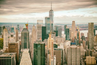 Fotobehang Helicopter view of Downtown Manhattan skyscrapers, New York City.