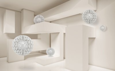 Sticker Illustratie van 3D crystall balpatroon op decoratief achtergrond 3D behang. Grafische moderne kunst