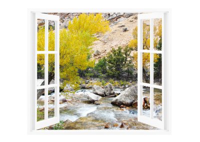 Fotobehang Een open raam met prachtige natuur op de achtergrond