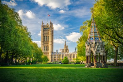 Poster Westminster Abbey in Londen op een heldere zomerdag.