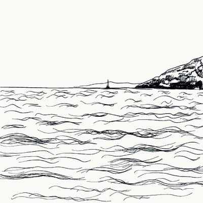 Sticker Vector zomer zeegezicht schets. Uitzicht op zee en de bergen