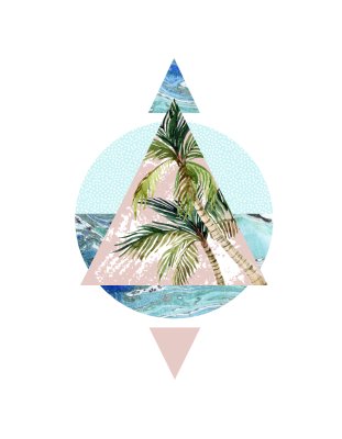 Sticker Abstracte zomer achtergrond. Driehoek, cirkel, aquarel palmboom, blad, marmeren grunge texturen. Geometrisch ontwerp voor t-shirt, flyer, poster in retro 80s, 90s. Handgeschilderde zomer strand illust
