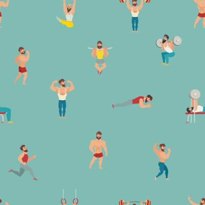 Sticker Sport en gym vector patroon. Hand tekenen achtergrond met gespierde, bebaarde mans illustratie. Cartoon naadloze achtergrond. Behang met fitnessmodellen, poseren, bodybuilding