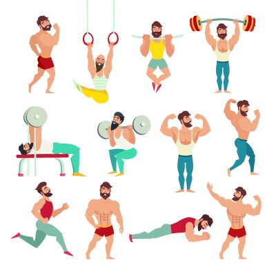 Sticker Set van gespierde, bebaarde mans vectorillustratie. Fitnessmodellen, poseren, bodybuilding. Sportmensen in de sportschool. Gymnastiek ringen, uitgevoerd. Geïsoleerde vector, witte achtergrond
