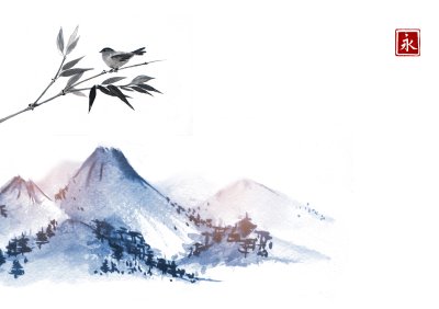 Sticker Bergen en vogeltje op bamboetak. Hiëroglief - eeuwigheid. Traditionele oosterse inkt schilderij sumi-e, u-sin, go-hua.