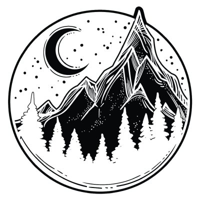 Sticker Prachtige vectorillustratie met natuur landschap - bergen, dennenbos, sterren, maan. Tattoo kunst. Oneindige ruimte, meditatiesymbolen, reizen, toerisme.