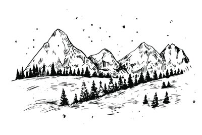 Sticker Winter achtergrond met bergen, sneeuw en bomen. Hand getekende illustratie omgezet in vector.