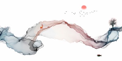 Sticker Inkt schilderij, artistiek landschap, abstracte lijnen achtergrond