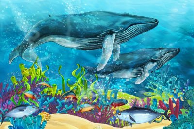 Fotobehang Tekenfilmscène met een walvis bij een koraalrif - illustratie voor kinderen
