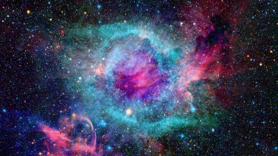 Sticker Roze-turquoise nevel tegen de achtergrond van de ruimte