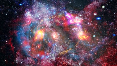 Sticker Ruimte gevuld met veelkleurige hemellichamen