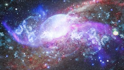 Sticker Een heldere planeet in het midden van een paarse nevel