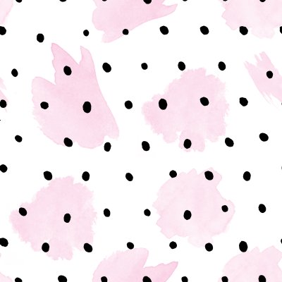 Sticker Naadloos patroon - Aquarel roze lijnen op zwarte polka dots -