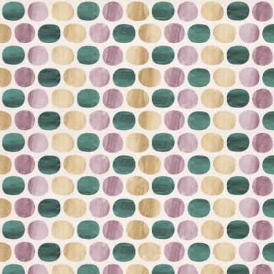 Sticker Abstract grafisch patroon van stippen en ovalen in orchidee paarse, gouden gele en jade groene aquarel vormen op crème papier geweven papier achtergrond.