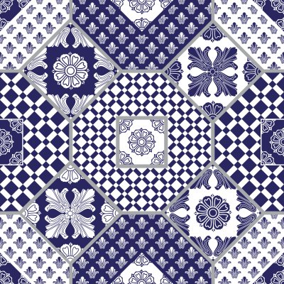 Sticker Vector naadloze lapwerkachtergrond van donkerblauwe en witte ornamenten, geometrische patronen, gestileerde bloemen en bladeren