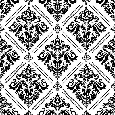 Sticker Damast vector klassiek zwart-wit patroon. Naadloze abstracte achtergrond met herhalende elementen