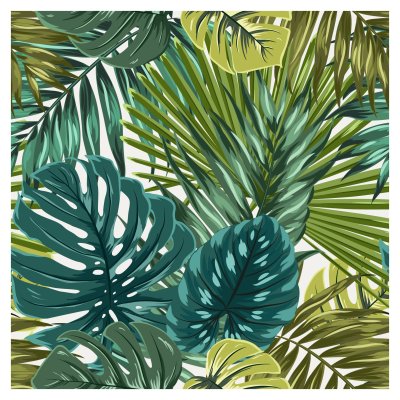 Sticker Tropische monstera van de regenwoudpalm verlaat camouflage naadloze patroontextuur. Heldergroen turkoois blauw op beige achtergrond. Vakantie vakantie paradijs eiland. Botanische vector ontwerp illust