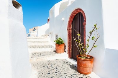 Poster Santorini en straat in de stad
