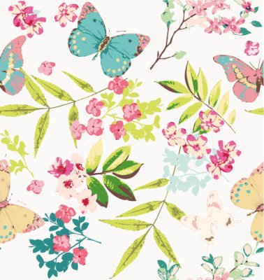 Sticker Bloemen en vlinders in een romantische illustratie