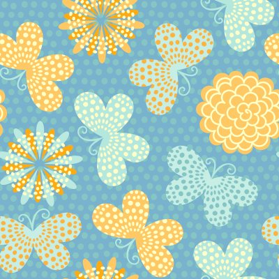 Sticker Bloemen en vlinders op een blauwe achtergrond