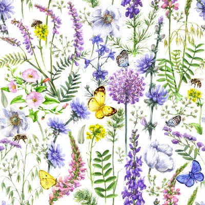 Sticker Veldbloemen met vlinders en bijen