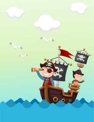 Poster Piraten op zee die door een verrekijker kijken