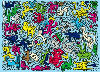 Fotobehang Kleurrijke karakters en dieren in doodle-stijl