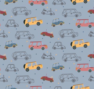 Sticker Naadloos vectorpatroon met gekleurde stuk speelgoed auto's