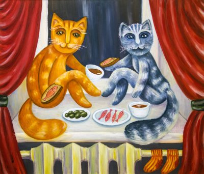 Poster Katten smullen van de vensterbank.