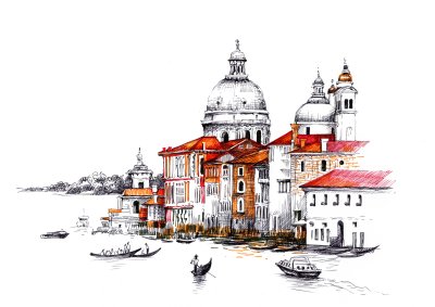 Sticker Waterverfcityscape met huizenillustratie