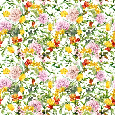 Fotobehang Kleurrijke bloemen met groene bladeren in aquarelstijl