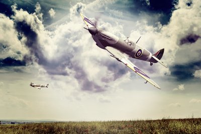 Fotobehang Render van een WW2 Supermarine Spitfire 3D-model tijdens de vlucht, instagram oud nostalgie-effect