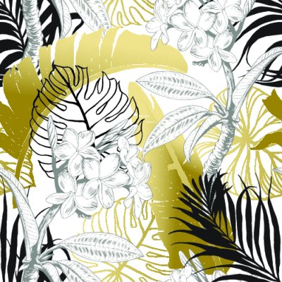 Behang Naadloos tropisch patroon. Bladeren palm tree illustratie. Moderne grafische vormgeving.