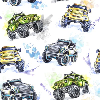 Behang Aquarel naadloze patroon Cartoon Monster Trucks. Kleurrijke Extreme Sports-achtergrond. 4x4. SUV van het voertuig Off Road. Lifestyle. De hobby van de mens.