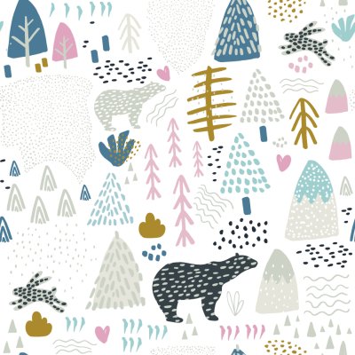 Behang Naadloos patroon met konijntje, ijsbeer, boselementen en hand getrokken vormen. Kinderachtige textuur. Geweldig voor stof, textiel Vector Illustratie