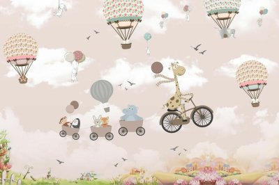 Fotobehang Een giraf op een fiets en ballonnen met dieren op een roze achtergrond.