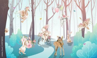 Fotobehang Kinderillustratie met bosdieren