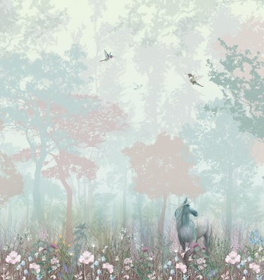 Fotobehang Paard in een weide met bomen op de achtergrond, abstract