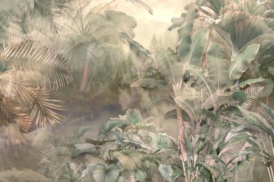 Fotobehang Tropical trees and leaves wallpaper design in foggy forest - 3D illustration