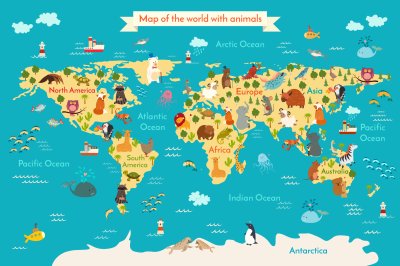 Fotobehang Animals world map. Preschool illustration, baby, continents, oceans, drawn, Earth.