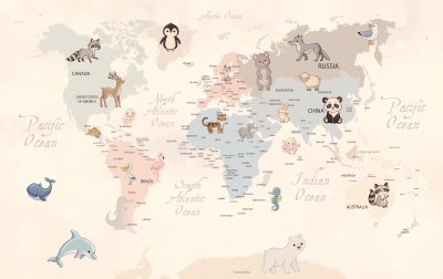 Fotobehang Animals world map for kids wallpaper design